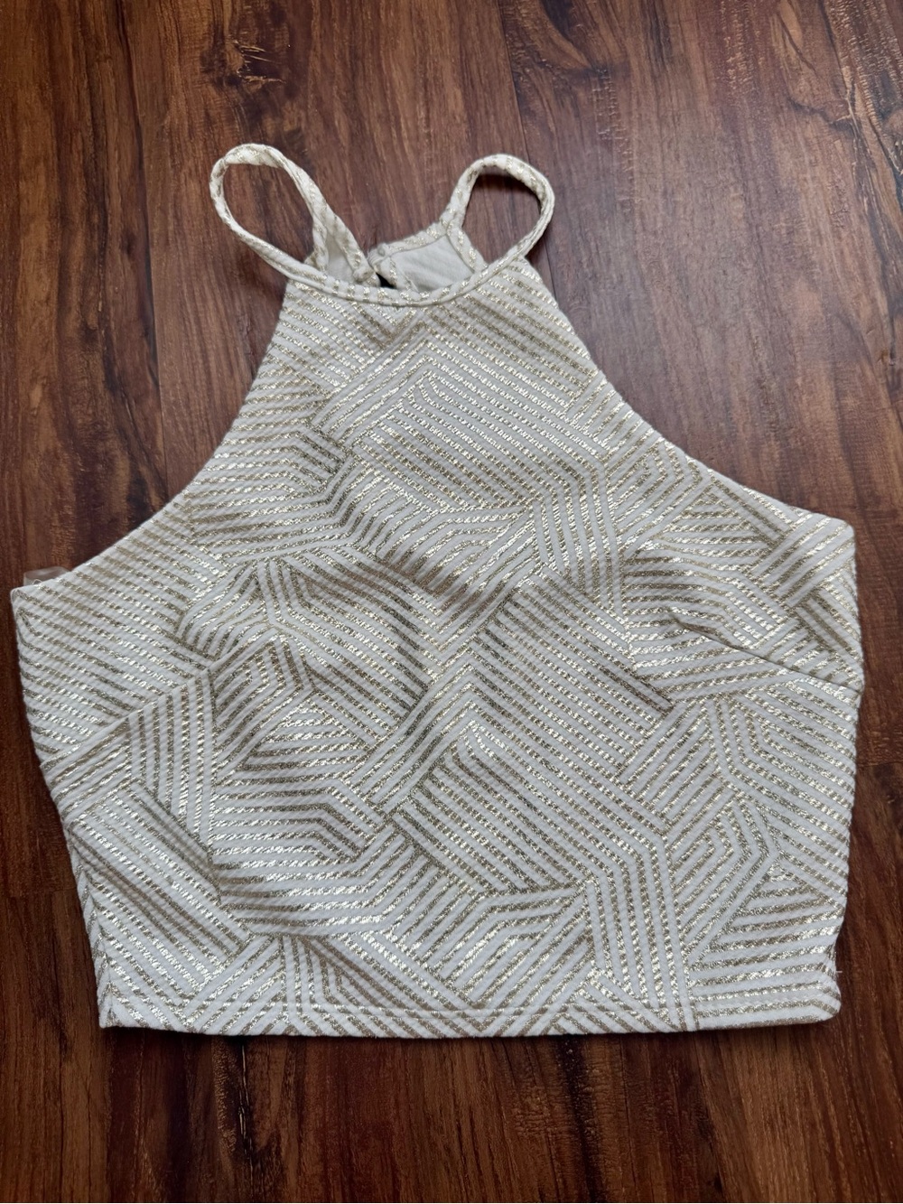 High-Neck Metallic Pattern Cropped Tank Top - Cream and Gold, Size Small